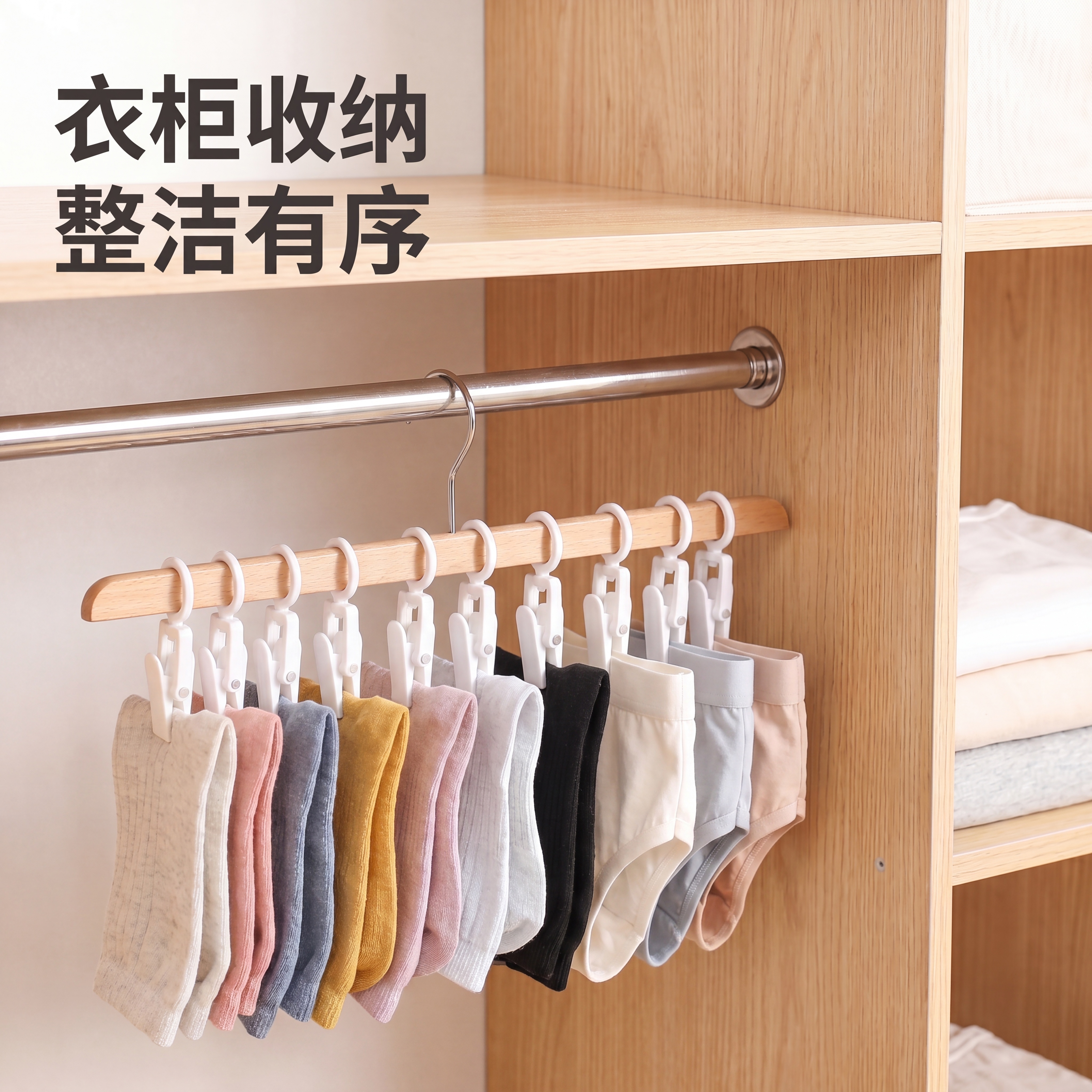 保持现有衣柜收纳场景，修改为：将夹子挂在常规衣架的挂钩横杆上，… - 图片创意预览