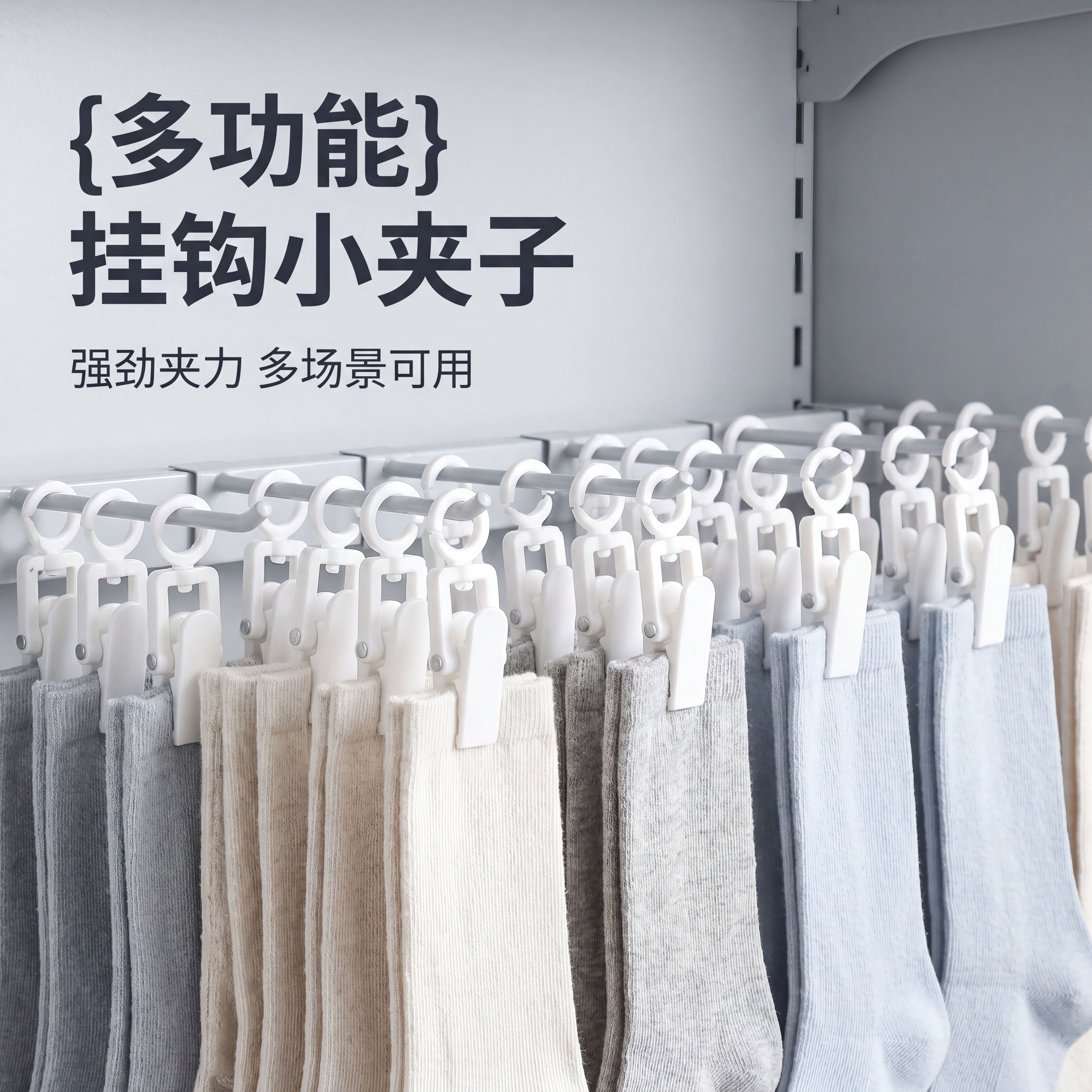 [主图1] 白色多功能夹子超市货架夹袜子展示场景。 [氛围风格… - 图片创意预览