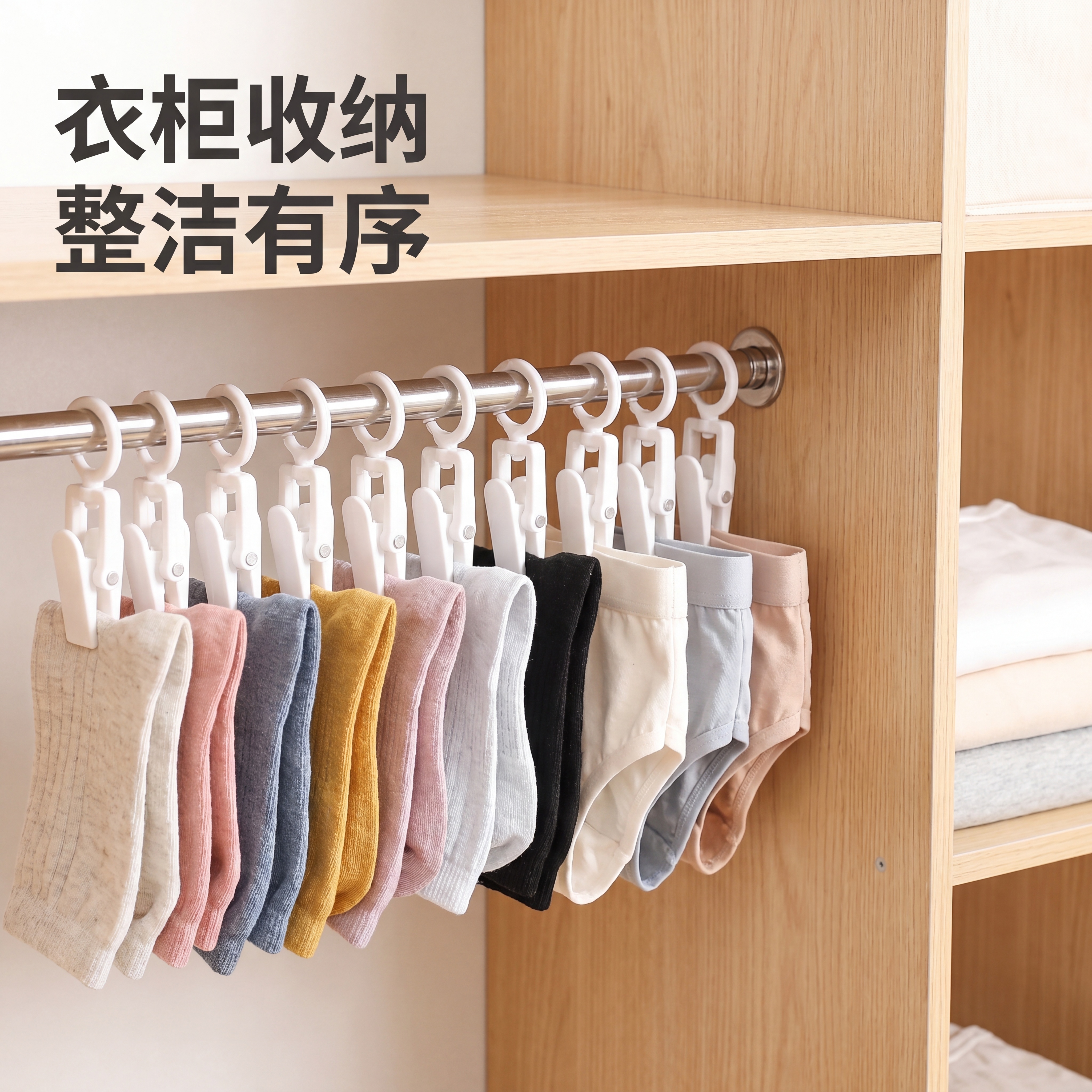 [主图3] 白色多功能夹子衣柜收纳场景，展示夹内裤袜子收纳。… - 图片创意预览