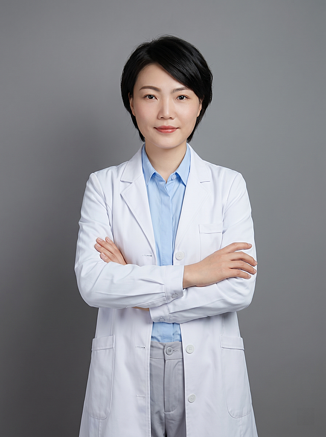 参考图中保留人物脸型、发型、年龄等特征生成医生职场形象照，标准焦段50mm，f/4光圈，平视视角，人物占画面70%，人物居中，位于画面中心，为视觉聚焦点，入境范围头部及以下至臀部下方10cm，左右留少量背景空间，头部与画面顶部保留5%空间，头部发型完整，头肩比例协调，人物结构准确；发质微微柔顺，微微蓬松。身穿整洁白大褂，内搭浅蓝色高支精梳棉纯色衬衫，下装浅灰色医护裤，着装正式干练，专业仁心，沉稳可靠，安全感十足，温和严谨，身形匀称，姿态端正，身体挺拔。呈站姿双手抱胸的自然姿态，肢体放松且自信，去除耳环配饰。简约微微中度灰色纯色背景，背景光线均匀柔和，强化色彩对比的高级感，极简干净。画质超高分辨率、细节清晰，现代精致感风格，肤质精细化处理，眼神直视镜头，目光坚定且澄澈，表情自然，嘴角上扬。清透自然裸妆，妆感轻薄轻透裸肌感，通透感肤质，肤质自然细腻，肤色健康均匀，雾面柔光裸肌感，保留真实皮肤细节，正面柔光补光，4800K中性光，面部光比1:1.5，色调明亮，中近景写实摄影，对焦清晰，高清保留皮肤细节，分辨率4K，去除人物之外的所有元素。严格按照图片内容生成，画面比例3:4