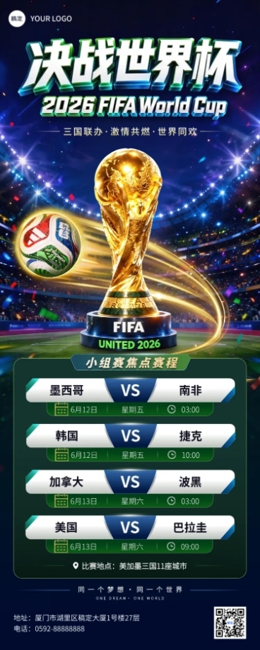 2026美加墨足球世界杯小组赛点赛程宣传全屏竖版海报预览效果