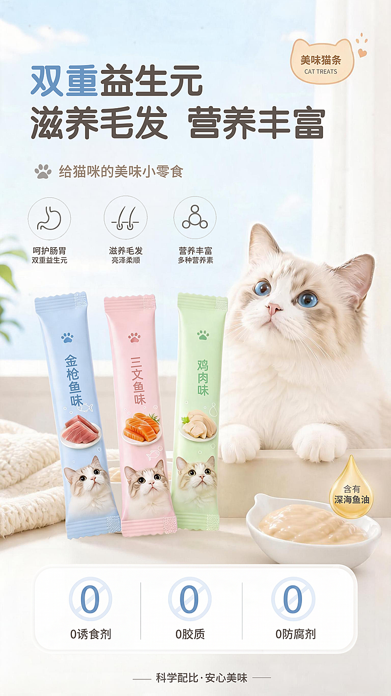 宠物食品猫条产品营销清新感竖版海报