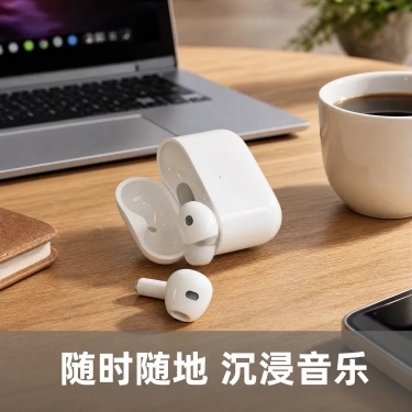 [主图-3] 蓝牙耳机使用场景主图；氛围风格：时尚生活科技风；画质：商业摄影质感、光线柔和通透、产品清晰真实、画面干净高级；元素：白色蓝牙耳机放置在简约现代书桌木纹台面上，旁边搭配笔记本电脑和咖啡杯，预览效果