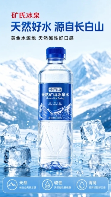 [第1屏] 详情页头图-矿氏冰泉长白山天然矿泉水宣传海报，完全复刻参考图的版式构图和内容。
[氛围/风格] 清新自然冷冽风格，蓝白清爽配色，商业电商摄影质感，通透干净。
[元素布局] 保持矿泉水瓶外观预览效果