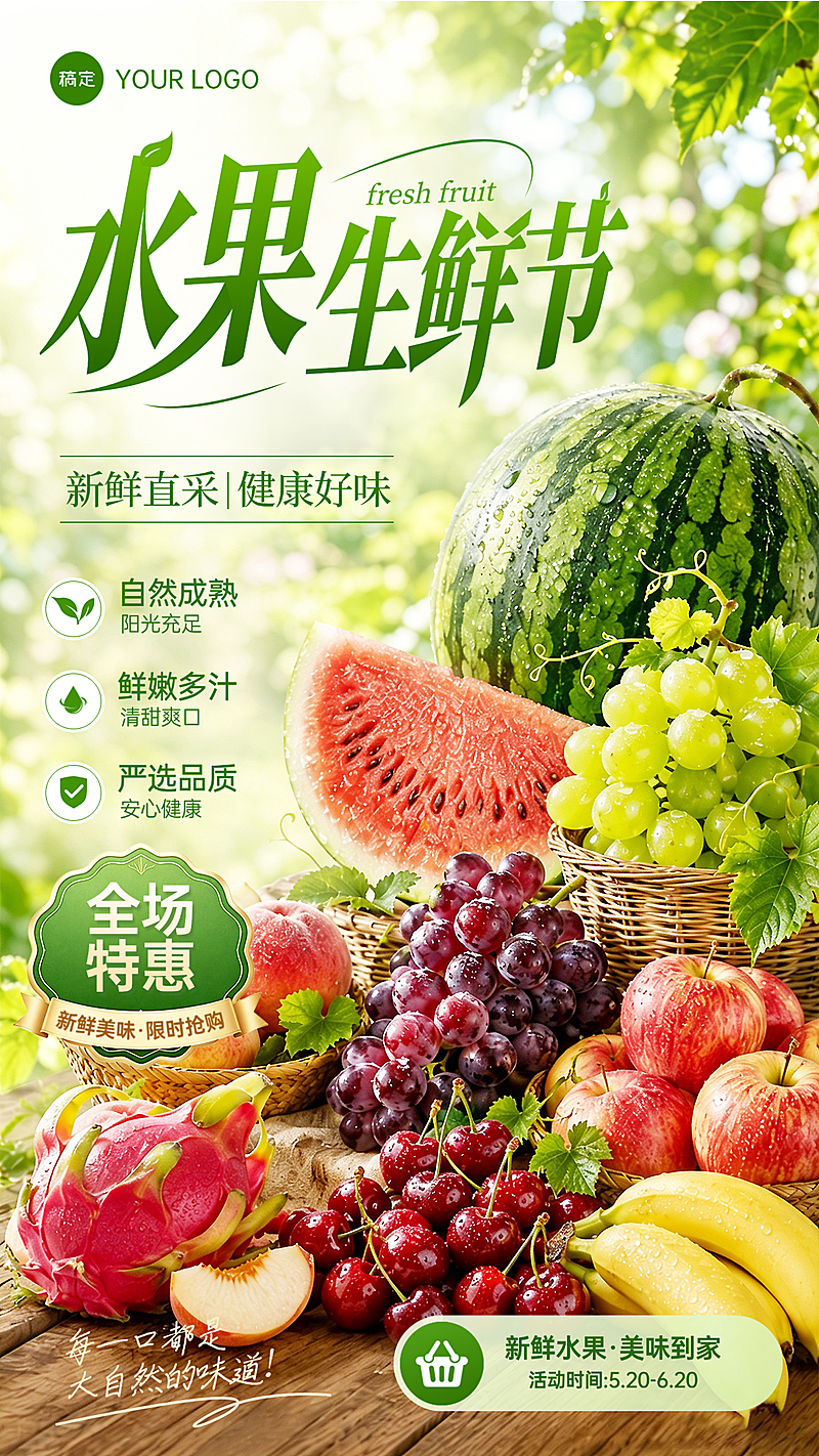 水果生鲜节水果促销宣传清新实景风竖版海报
