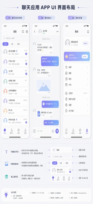 设计一款完整的聊天应用APP UI界面布局，包含首页对话列表、聊天窗口、我的页面三个板块，分层结构清晰，现代简约风格，预留可编辑的文字和图标区域，方便后续PDF分层修改预览效果