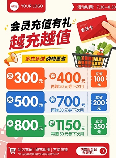 商超会员充值优惠活动宣传现代风竖版海报