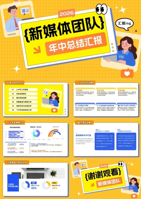 新媒体运营团队年中总结汇报现代感PPT单页预览效果