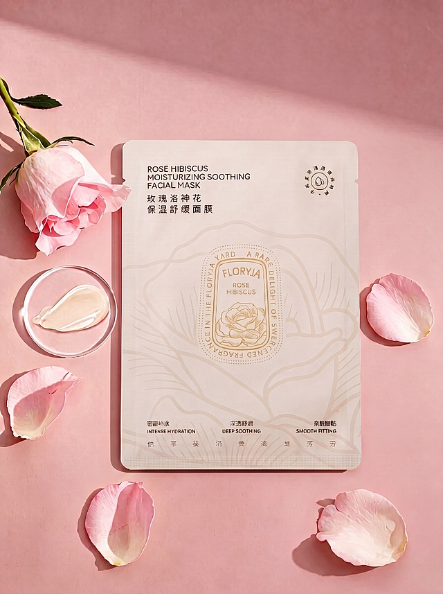 保留图三的面膜产品整体外观、背景、玫瑰花及装饰布局不变，仅将面膜包装上的文字内容替换为图二产品上的文字（即：顶部英文 'ROSE HIBISCUS MOISTURIZING SOOTHING FACIAL MASK'，中文 '玫瑰洛神花 保湿舒缓面膜'；中部品牌标识 'FLORYJA ROSE HIBISCUS'；底部卖点 '密集补水 INTENSE HYDRATION / 深透舒润 DEEP SOOTHING / 亲肤服帖 SMOOTH FITTING'），确保字体风格与原图协调一致
