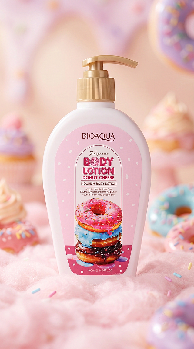 Commercial product photography. The white BIOAOUA body lotion bottle with a gold pump and pink donut label. The bottle is sitting on a soft, fluffy pastel pink cloud-like surface. In the beautifully blurred background, there are hints of colorful sweet donuts. Dreamy pastel lighting, highly detailed, soft and sweet aesthetic.
