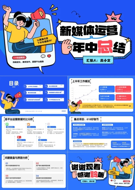 新媒体运营年中总结汇报卡通风演示PPT单页预览效果