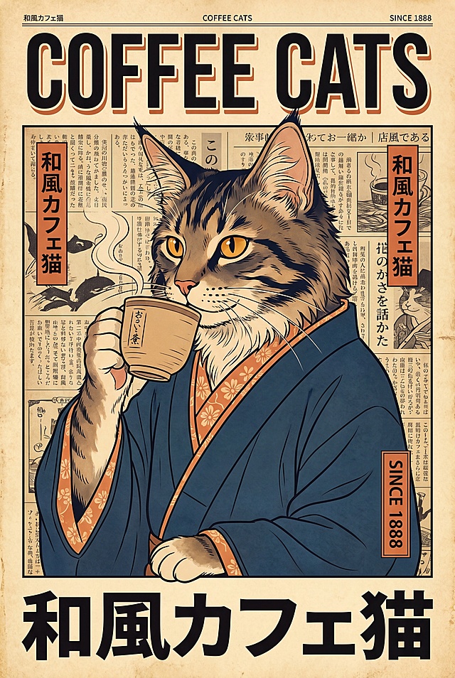 日式浮世绘线条结合美式复古海报，8K 高清，正面平视居中构图，泛黄旧报纸文字暗纹背景；画面中心拟人缅因猫，琥珀金色圆眼睛，侧脸慵懒沉静神态，身穿深日式和服，衣摆内衬浅橘花卉纹样，两只猫爪捧着浅棕色手绘纹样咖啡杯在嘴边，杯口飘淡淡热气，治愈和风咖啡猫咪主题装饰画，干净平整画面