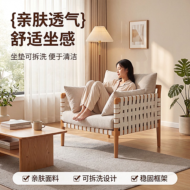 [主图-1] 单人沙发空间场景与氛围首图
[氛围风格] 家居治愈风，温馨居家生活感，高级材质透视，温馨暖调自然光，午后慵懒光斑
[画质] 商业摄影质感、光线柔和通透、产品清晰真实、画面干净高级
[元素] 单人沙发居中摆放在客厅空间，完整墙地窗背景，软装搭配丰富，搭配浅木茶几、浅灰地毯、落地灯、绿植、柔软抱枕、装饰挂画，营造温馨治愈氛围。一位年轻亚洲女模特穿浅米色家居服慵懒靠坐，自然放松。保持沙发结构、材质、颜色和原图一致，无变形色差。商品占比60%-80%，满屏无边框。
[光影] 午后侧窗自然光经纱帘柔化，整体暖调，主光清晰，反射补光，光斑点缀，层次自然。
[配色] 主色调治愈暖米色，辅助浅木色浅灰色，温暖柔和。
[视角构图] 45°斜侧平视，轮廓完整不裁切。
[文字版式] 左上左对齐，大字主文案"{亲肤透气} 舒适坐感"，深棕色粗体；辅助小字"坐垫可拆洗 便于清洁"。底部三列带图标文案：✓ 亲肤面料 ✓ 可拆洗设计 ✓ 稳固框架，清晰对比。
[比例分辨率] 1:1 4k，文字清晰超高清。
[负向提示词] 变形，水印，文字错乱，背景杂乱