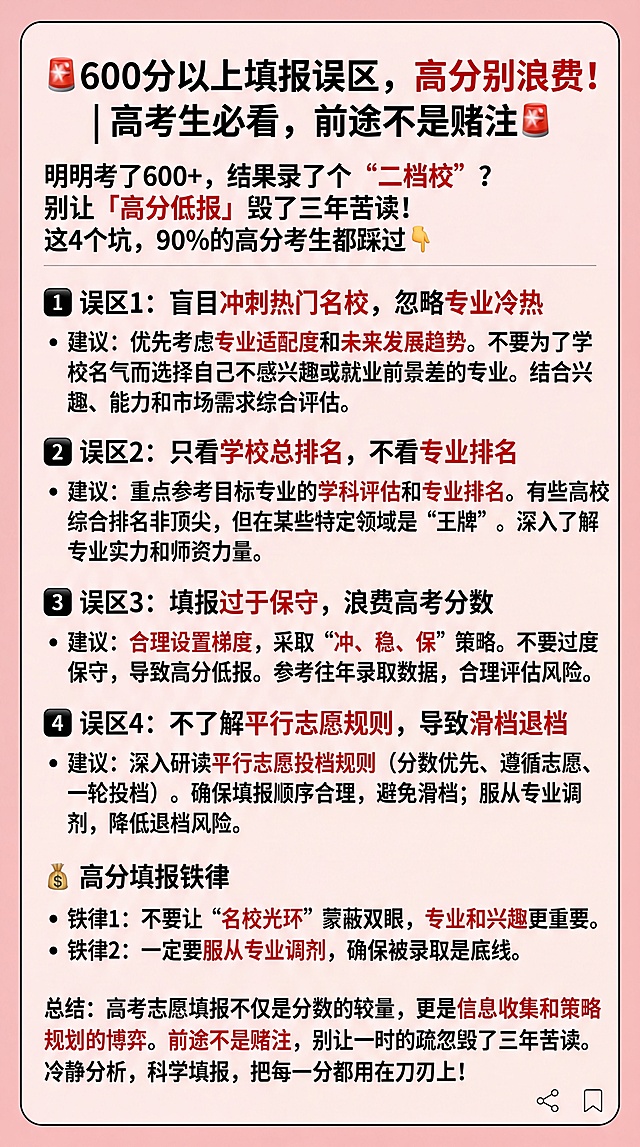 制作一张小红书高考志愿填报攻略图文，保持和上一张图片相同尺寸，设计风格简单，只用简单装饰，排版参考上一张图片：标题为'🚨600分以上填报误区，高分别浪费！｜高考生必看，前途不是赌注🚨明明考了600+，结果录了个“二档校”？别让「高分低报」毁了三年苦读！这4个坑，90%的高分考生都踩过👇'，然后分四个误区和建议，最后是高分填报铁律和总结文字，保持所有文字内容不变，排版清晰易读，浅粉色背景，文字黑色，重点内容红色标注，风格简约清晰适合小红书