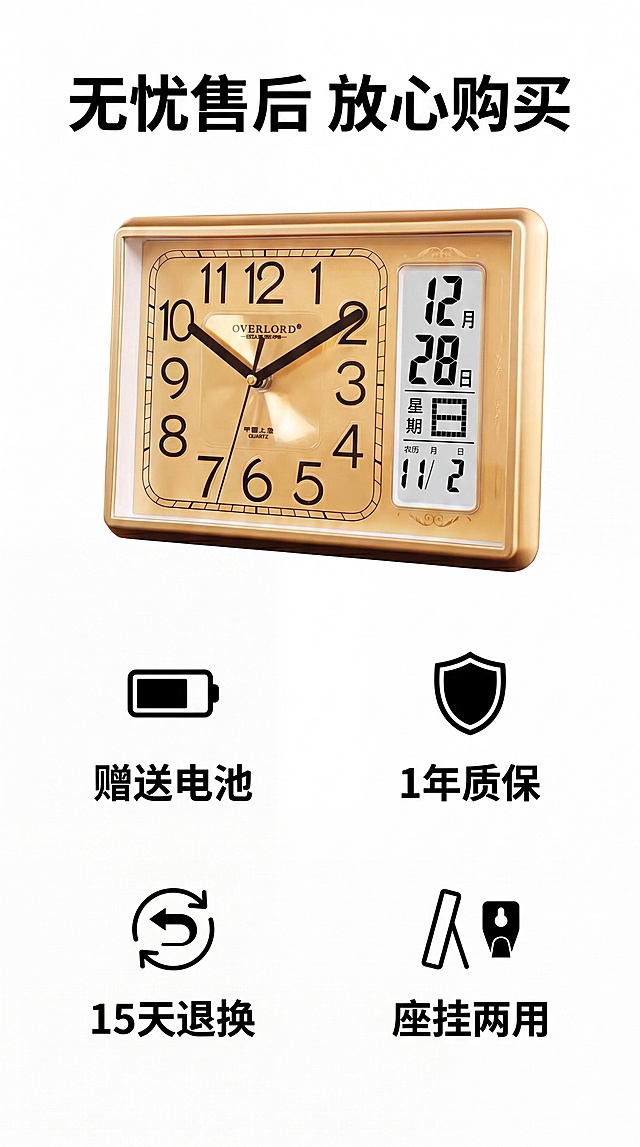 [第6屏] 售后保障说明-家用日历摆台式座钟售后服务承诺展示。
[氛围/风格] 信任保障卡风格，简约干净，让人安心。
[元素布局] 顶部大标题，下方四个售后卖点图标排列，产品小图放置在页面上方，占据约30%画面，保持外观颜色结构与原图一致，下方为售后信息区域。
[光影质感] 均匀柔光，整体明亮干净，信息清晰可读。
[配色色系] 全局底色：#FFFFFF；产品保持金色黑色，图标黑色，文字黑色，简洁大方。
[视角构图] 产品小图在上，售后信息在下，垂直排版，层级分明。
[文字版式] 顶部主标题"无忧售后 放心购买"黑色加粗；四个售后保障分别为：赠送电池、1年质保、15天退换、座挂两用，每个配对应图标和文字说明，2行2列排列，文字清晰，排版整齐。
[比例分辨率] 9:16竖版比例，4K分辨率，文字清晰可辨，超高清。
[负向提示词] 产品变形，文字错乱，排版拥挤，颜色偏差，水印