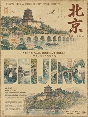 竖版复古城市海报，主色调为米黄旧纸色+古建红墙蓝瓦，整体复古水彩插画风，8K质感。
主体画面：
上半部分是北京地标水彩插画（故宫、天坛、长城剪影、玉兰花、燕子）；中间是“BEIJING”字母由不同北京预览效果