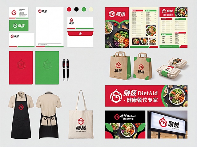 以提供的膳援logo为核心，设计一套完整的餐饮健康品牌VI全案，保持原有logo的字体和图形完全不变，展示完整的品牌视觉识别系统，包含标准色、辅助色、办公用品应用、宣传物料应用等，整体风格专业大气，适合健康餐饮品牌定位
