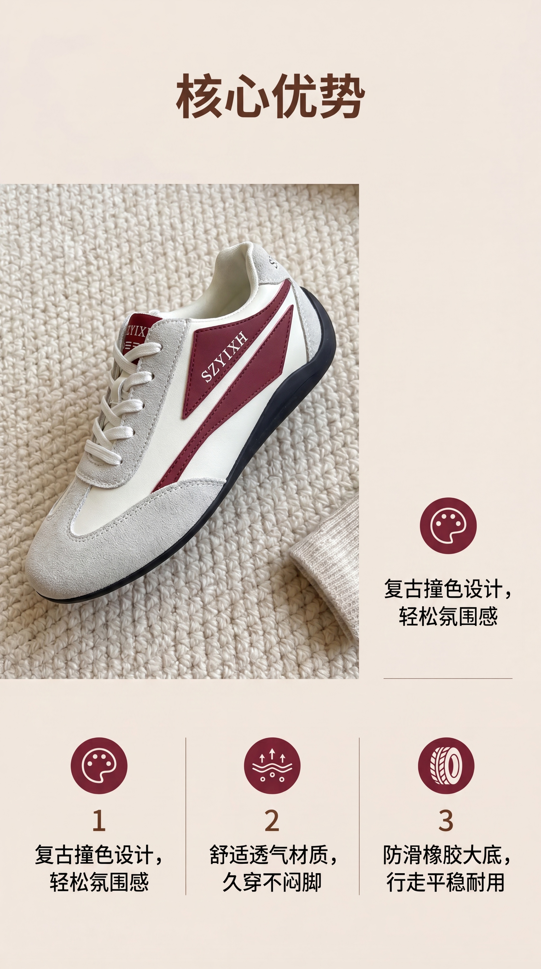 [第2屏] 核心卖点-撞色复古德训鞋，本屏使用【图1】做商品主… - 图片创意预览