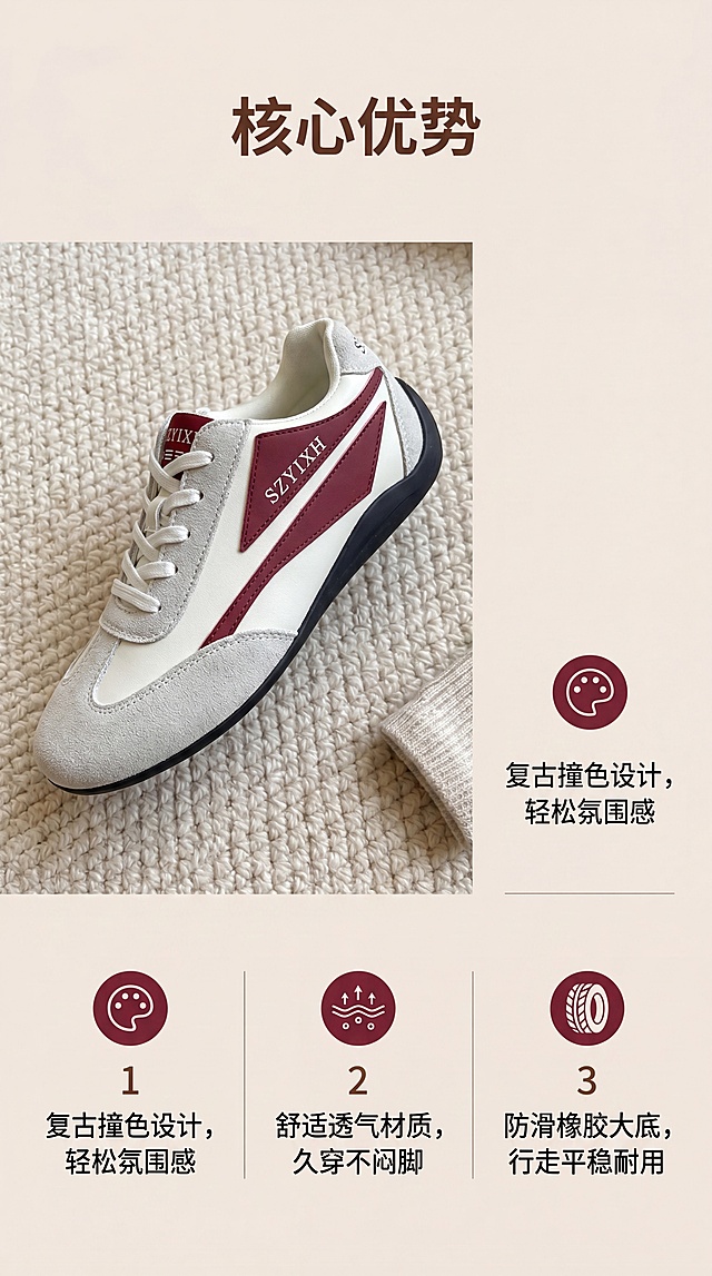 [第2屏] 核心卖点-撞色复古德训鞋，本屏使用【图1】做商品主体，保留产品外观不变。左上布局鞋子占比45%，右下分三列排列卖点。浅米底色，酒红色小图标搭配深棕文字。标题「核心优势」居中，卖点：1复古撞色设计，轻松氛围感；2舒适透气材质，久穿不闷脚；3防滑橡胶大底，行走平稳耐用。9:16竖版，4K，负向：鞋子变形，结构错误，极限词，文字错乱