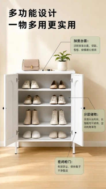 [第5屏] 详情页功能亮点展示板块，钢制鞋柜内部与台面功能展示图。
[氛围/风格] 实景使用展示，简约温馨氛围，通透自然光线，真实生活化质感。
[元素布局] 顶部主标题通栏，画面主体展示打开柜门的白色预览效果