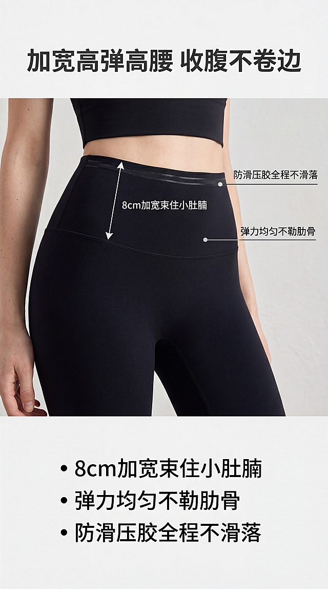 [第3屏] 加宽高弹收腹高腰腰头卖点展示。
[氛围/风格] 细节卖点页，简约清晰，突出功能优势。
[元素布局] 画面主体展示腰头部分特写，使用【图3】黑色瑜伽裤，保持颜色版型与原图一致，展示8cm加宽无痕高腰设计，双层加压结构，标注防滑压胶位置。
[光影质感] 光线聚焦腰头区域，清晰展示加宽腰头的结构和走线，细节纹理自然。
[配色色系] 全局底色：#F5F5F5（浅灰）；主体：黑色瑜伽裤；文字：深灰。
[视角构图] 中景特写腰头，标题在上，产品展示中，卖点在下，竖向排版。
[文字版式] 顶部主标题「加宽高弹高腰 收腹不卷边」，分点卖点：8cm加宽束住小肚腩，弹力均匀不勒肋骨，防滑压胶全程不滑落，文字分点清晰易读。
[比例分辨率] 9:16 竖版，4K分辨率，文字清晰。
[负向提示词] 产品变形，颜色偏差，文字错乱，水印，背景杂乱