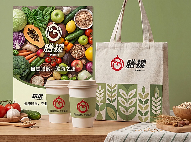 膳援品牌VI全案的宣传物料展示，包含手提袋、纸杯、海报应用设计，保留原有logo完全不变，品牌识别清晰，视觉风格统一，符合健康膳食品牌定位
