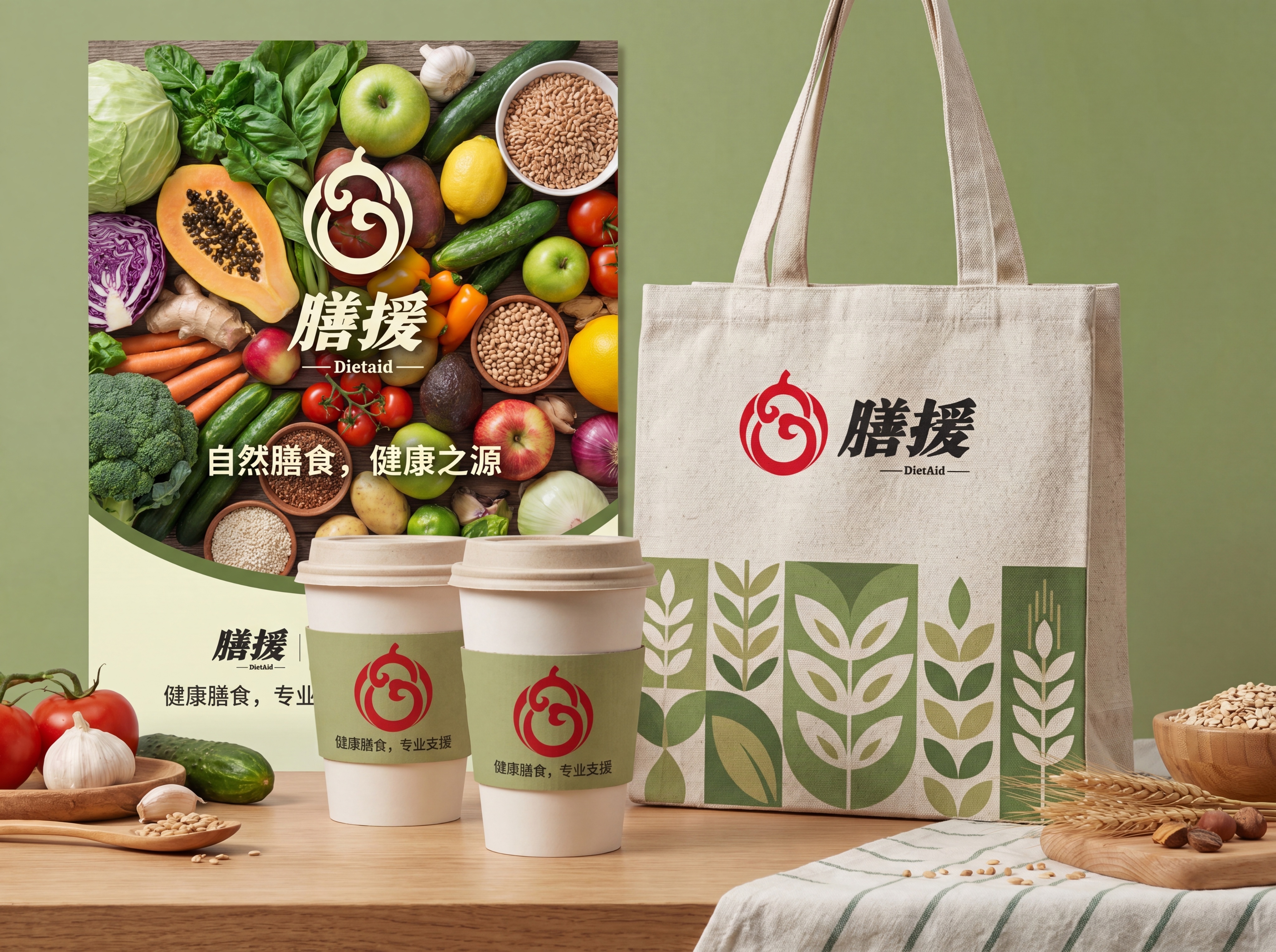 膳援品牌VI全案的宣传物料展示，包含手提袋、纸杯、海报应用设计… - 图片创意预览