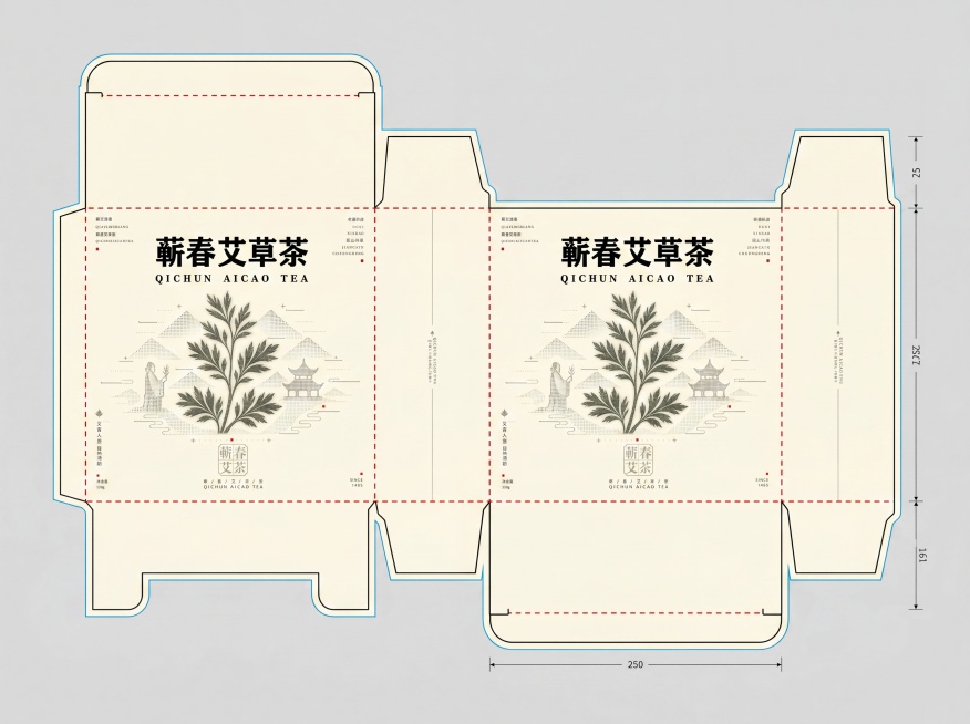 根据蕲春艾草茶包装盒效果图生成标准平面刀版图，严格保留原设计中的所有文字（如“蕲春艾草茶 QICHUN AICAO TEA”）、图形元素、排版布局与色彩不变；清晰展示展开后各面结构，标注模切线、折痕线预览效果