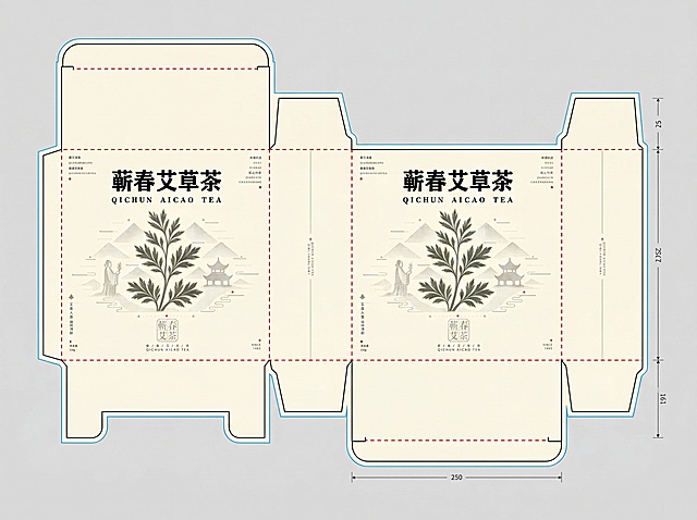 根据蕲春艾草茶包装盒效果图生成标准平面刀版图，严格保留原设计中的所有文字（如“蕲春艾草茶 QICHUN AICAO TEA”）、图形元素、排版布局与色彩不变；清晰展示展开后各面结构，标注模切线、折痕线与出血线，符合印刷制版规范