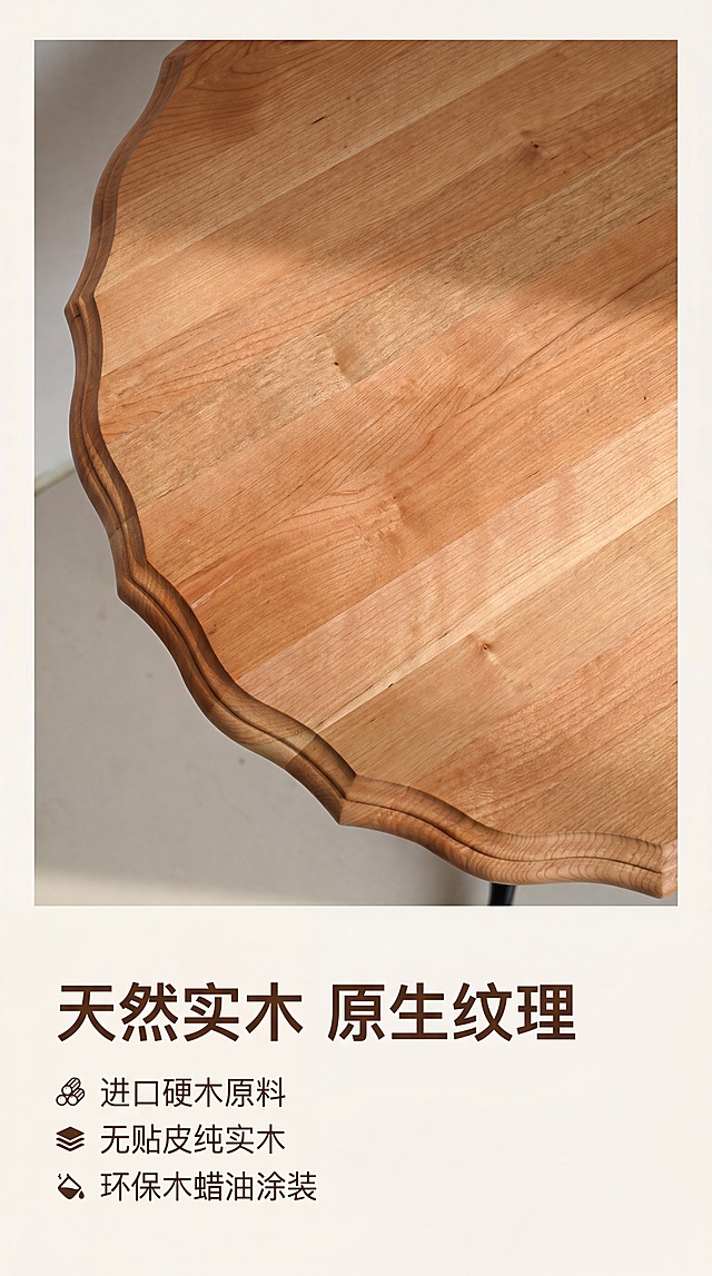 [第3屏] 材质展示-天然实木桌面纹理特写。使用【图4】展示桌面全景纹理。
[氛围/风格] 自然材质展示风，干净背景突出木纹质感，真实原材展示，贴近小红书真实种草风格。
[元素布局] 画面上三分之二区域放置实木桌面俯视特写，保留原有天然直纹拼合木纹、波浪雕花边缘，颜色和纹理细节与原图保持一致，下方区域放置材质说明文字。
[光影质感] 顶侧柔光，突出木材纹理凹凸质感，纹理清晰层次分明，整体通透真实。
[配色色系] 全局底色：#F5F1EB；主体：原木暖黄色木纹；文字：深棕色。
[视角构图] 俯视特写视角，主体桌面占70%画面，文字居下，构图稳定重点突出。
[文字版式] 顶部主标题「天然实木 原生纹理」，下方三点卖点：「进口硬木原料 / 无贴皮纯实木 / 环保木蜡油涂装」，图标配文字，清晰易读。
[比例分辨率] 9:16 竖版，4K分辨率。
[负向提示词] 木纹模糊，人工贴皮纹理，颜色失真，产品轮廓变形。