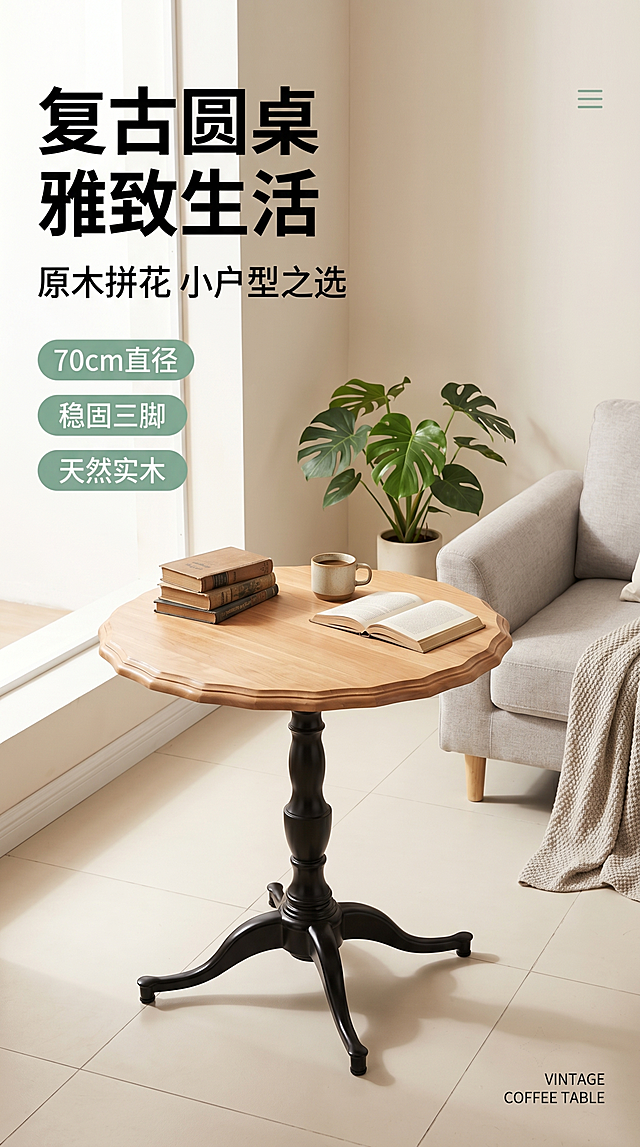 [第1屏] 详情页头图-中古风实木圆形咖啡桌场景展示。使用【图1】作为商品主体。
[氛围/风格] 美式复古中古风家居场景，温馨松弛氛围感，商业摄影质感，自然温润光影，小红书种草风格。
[元素布局] 圆形咖啡桌放置在客厅靠窗区域，占据画面中下60%主体位置。保持商品原有结构：原木拼花桌面、波浪雕花边缘、黑色烤漆三脚支架的颜色、材质、尺寸比例与原图一致。背景搭配浅米色墙面和浅灰色布艺沙发，角落放置一株小型绿植，桌面放一本打开的书和一杯咖啡，营造自然休闲的生活氛围。
[光影质感] 左侧靠窗自然光为主光，右侧柔和辅光补亮，桌面木纹清晰可见，支架黑色漆面有自然高光，地面有柔和投影，整体光影通透自然。
[配色色系] 全局底色：#F5F1EB（浅米暖灰）；主体配色：#D9B38C（原木色）+ #1A1A1A（黑色支架）；辅助色：#81B29A（绿植绿色）+ #111111（标题文字黑）。
[视角构图] 左文右图版式，左侧预留文案区域，右侧产品全景放置，45度斜视角，画面层次分明，阅读动线从上到下。
[文字版式] 左侧上主标题：「复古圆桌 雅致生活」，加粗黑体，字色#1A1A1A，字号约占画面宽度8%。副标题换行：「原木拼花 小户型之选」，字号为主标题50%。下方三个卖点胶囊框：「70cm直径 | 稳固三脚 | 天然实木」，每个卖点8字以内，文字清晰，不遮挡主体。右下角放小号英文「VINTAGE COFFEE TABLE」。
[比例分辨率] 9:16 竖版，4K分辨率，文字清晰可辨。
[负向提示词] 产品变形，结构错误，颜色偏差，桌面纹理模糊，背景杂乱，文字错乱，水印，误导性宣传。