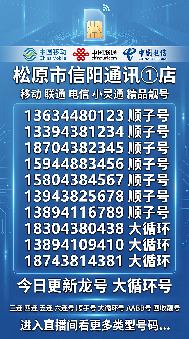 商品宣传主图，快手直播封面9:16竖版，带简约科技感背景，风格正规整洁。顶部SIM卡标识搭配中国移动、中国联通、中国电信官方标识。第一行文字“松原市信阳通讯①店”，第二行文字“移动 联通 电信 小灵通 精品靓号”，第三行竖版排列：13634480123顺子号 13394381234顺子号 18704382345顺子号 15944883456顺子号 15804384567顺子号 13943825678顺子号 13894116789顺子号 18304380438大循环 13894109410大循环 18743814381大循环，第四行文字“今日更新龙号 大循环号”，第五行文字“三连 四连 五连 六连号 顺子号 大循环号 AABB号 回收靓号”，底部文字“进入直播间看更多类型号码...”，整体排版整齐简约专业