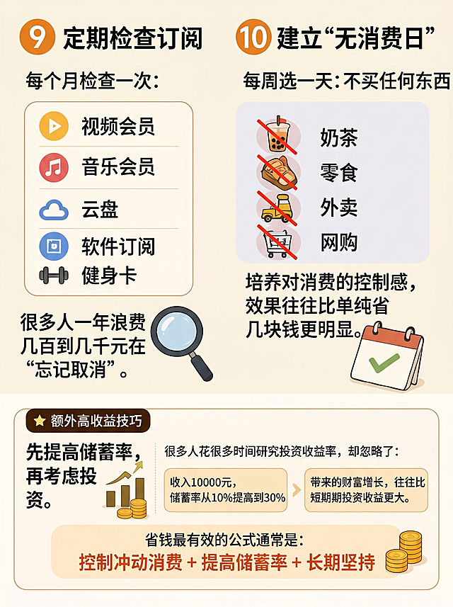 仿照参考图的小红书图文排版风格，生成一张3:4比例（960×1280）的小红书理财省钱科普图片，整合两张参考图的所有内容。风格：暖米色浅背景，简约手绘卡通插画，清晰中文字排版，分板块布局。内容包括：⑨ 定期检查订阅——每个月检查一次：视频会员、音乐会员、云盘、软件订阅、健身卡；文字：很多人一年浪费几百到几千元在“忘记取消”。⑩ 建立“无消费日”——每周选一天：不买任何东西；包括奶茶、零食、外卖、网购（均带禁止符号）；文字：培养对消费的控制感，效果往往比单纯省几块钱更明显。额外高收益技巧模块：先提高储蓄率，再考虑投资；说明：收入10000元，储蓄率从10%提高到30%，带来的财富增长往往比短期投资收益更大；底部公式：省钱最有效的公式通常是：控制冲动消费 + 提高储蓄率 + 长期坚持。整体保持浅米白背景、圆角卡片、卡通插画、无水印、超清中文字体，与前序系列完全一致。