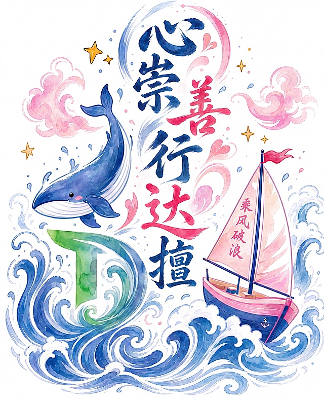 将画面左下角的蓝绿色D形logo替换为参考图右上角的绿蓝渐变T形logo的水彩展现形式，T形logo融入海浪笔触，和整体水彩国风画面自然协调，保留所有其他元素：蓝色鲸鱼、粉色祥云、金色星星、书法主题文字“心崇善行达擅”、带“乘风破浪”文字的粉蓝帆船，整体画面清新治愈，风格统一
