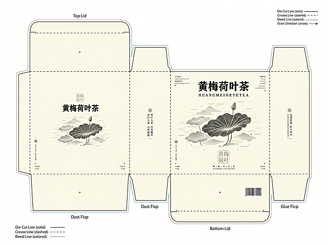 根据黄梅荷叶茶包装盒效果图生成标准平面刀版图，严格保留原设计中的所有文字（如“黄梅荷叶茶 HUANGMEIHEYETEA”）、图形（荷叶图案等）、排版与色彩不变；清晰展示展开后各面结构，标注模切线、折痕线与出血线，符合印刷制版规范