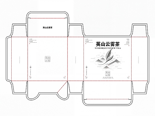 根据给出的英山云雾茶包装盒效果图，生成对应的平面刀版图，保留包装盒上所有的原始设计内容：包括文字“英山云雾茶 YINGSHAN YUNWU TEA”、图形、排版和所有色彩不做任何修改，展示包装盒展开后的所有面的刀模裁切轮廓，出血线和模切线标注清晰，风格为印刷标准刀版图