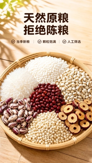 使用商品详情页技能根据商品图「图片1」「图片1」「图片1」「图片1」「图片1」生成详情页，参考图为，商品名称为赤豆薏仁粥，卖点为优势 1：原料严选，拒绝陈粮；优势 2：精心配比，口感稳定；优势 3：独预览效果