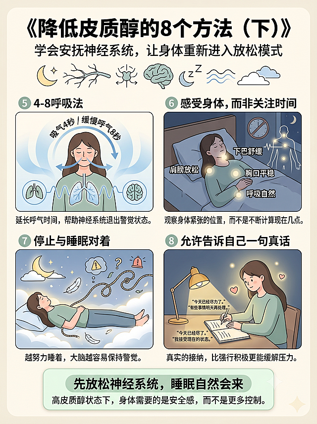小红书爆款健康科普信息图设计，3:4竖版海报，高级健康管理主题，现代医学插画风格，浅米白色背景，奶油白+浅蓝色+鼠尾草绿色配色，整体干净治愈，高级感强，杂志级信息图设计，中文排版清晰易读，留白充足，视觉舒适，适合小红书高点赞高收藏内容。顶部主标题区域：大标题（加粗醒目）：《降低皮质醇的8个方法（下）》，副标题：学会安抚神经系统，让身体重新进入放松模式。标题下方搭配简约线条插画：月亮、神经系统、大脑放松图标、睡眠符号等元素。整体采用四宫格模块化排版，每个模块拥有独立插画、数字标签、标题和简短说明。⑤ 4-8呼吸法：模块标题“④-⑧呼吸法”，核心内容“吸气4秒 / 缓慢呼气8秒”，插画设计：柔和渐变呼吸波纹图、人物闭眼深呼吸、箭头显示吸气与呼气方向、肺部与神经系统图标联动、蓝色呼吸节奏线环绕人物；说明文字：“延长呼气时间，帮助神经系统退出警觉状态。”⑥ 半夜醒来关注身体：模块标题“感受身体，而非关注时间”，插画设计：夜晚卧室场景、人物平躺在床上、肩膀/下巴/胸口区域出现柔和发光标记、心跳图标与身体轮廓线、身体扫描示意图；重点标识：“肩膀”“下巴”“胸口”“呼吸”；说明文字：“观察身体紧张的位置，而不是不断计算现在几点。”⑦ 不要强迫自己睡着：模块标题“停止与睡眠对抗”，插画设计：人物安静平躺、闭眼放松、身边漂浮月亮/云朵/羽毛元素、紧绷绳索逐渐松开、焦虑符号慢慢消散；说明文字：“越努力睡着，大脑越容易保持警觉。”⑧ 睡前告诉自己一句真话：模块标题“允许真实存在”，插画设计：人物坐在床边写日记、暖黄色台灯、笔记本上记录真实想法、心形符号与柔和光晕、表情平静释然；笔记本示例文字：“今天已经尽力了。”“有些事情明天再处理。”；说明文字：“真实的接纳，比强行积极更能缓解压力。”底部重点提示区域：采用圆角重点提示卡片设计，浅绿色高亮背景；重点提示：“先放松神经系统，睡眠自然会来”；下方补充说明：“高皮质醇状态下，身体需要的是安全感，而不是更多控制。”整体设计要求：小红书爆款健康知识图、专业医学科普视觉、高级杂志风排版、信息层级清晰、中文字体规范工整、医疗插画精致细腻、扁平化高级插画、无水印、无英文、真实中文排版、高可读性、高收藏率内容风格、柔和治愈氛围、8K超高清细节、适合健康博主、自媒体科普账号发布