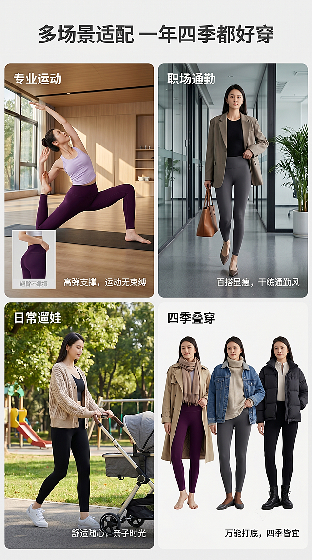 [第7屏] 四大适用场景多图搭配展示。
[氛围/风格] 场景种草页，温柔都市运动风，生活氛围感强，干净高级。
[元素布局] 画面四格拼图布局，每格对应一个场景：专业运动、职场通勤、日常遛娃、四季叠穿，每格搭配对应穿搭小图，保持瑜伽裤颜色分别对应【图1】【图2】【图3】，保持每个颜色和版型与原图一致，每格场景背景不同，突出适配性。
[光影质感] 每个场景光影自然，符合场景氛围，产品颜色清晰真实，整体明暗均匀。
[配色色系] 全局底色：#F5F5F5（浅灰）；主体配色：深紫/灰色/黑色，对应原图；辅助色：场景背景色搭配产品，文字深灰。
[视角构图] 2行2列四格拼图，每格大小一致，顶部总标题，四格竖向排列，适合手机滑动查看。
[文字版式] 顶部主标题「多场景适配 一年四季都好穿」深灰色粗体居中；每个场景格子左上角标注场景名称，右下角标注搭配建议，文字简洁不遮挡产品主体。
[比例分辨率] 9:16 竖版比例，4K分辨率，文字清晰可辨。
[负向提示词] 产品变形，颜色偏差，结构错误，文字错乱，水印，背景杂乱。
