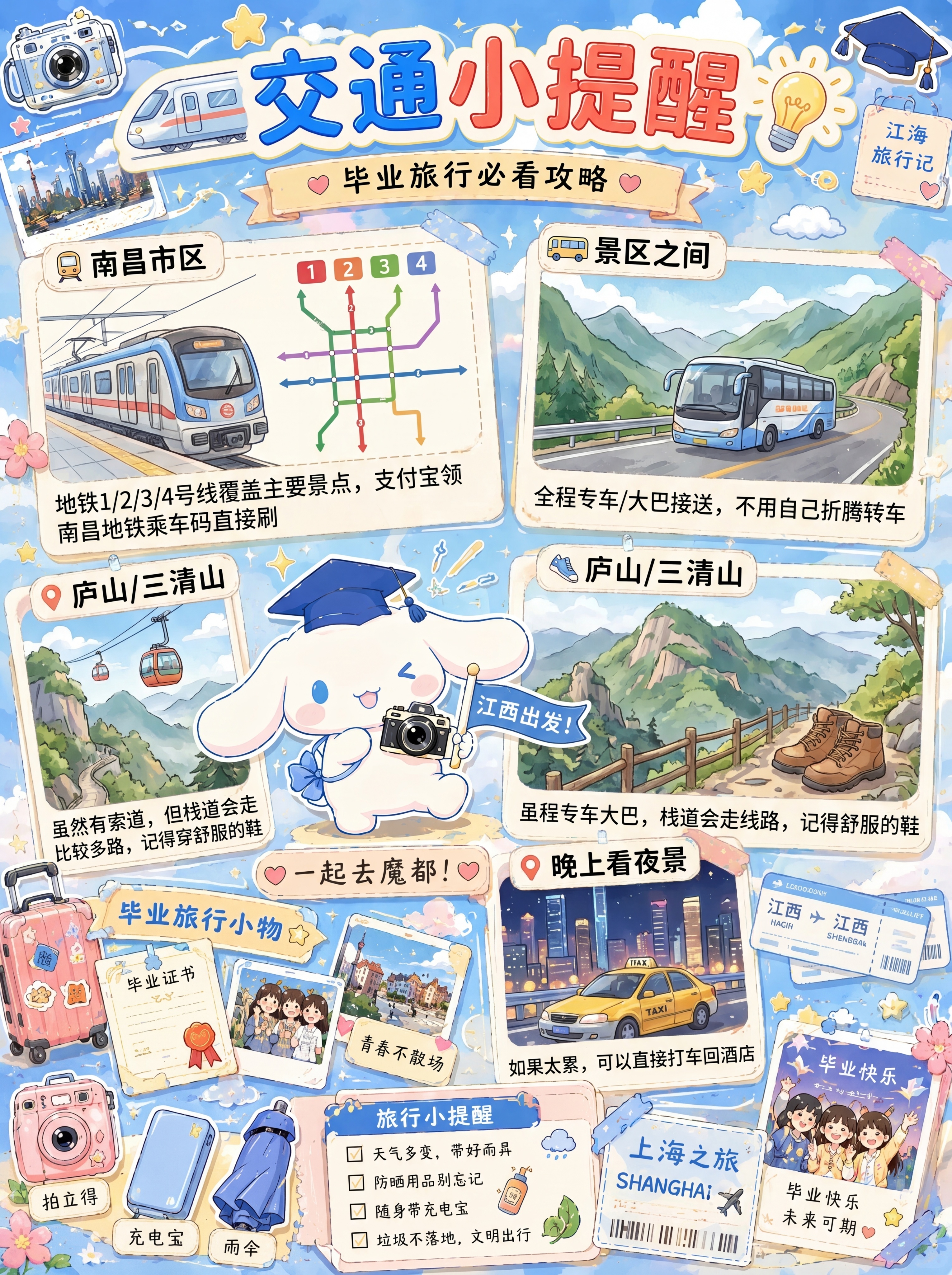 参考提供的图片风格，生成江西毕业旅行交通攻略图，要求：卡通水彩… - 图片创意预览