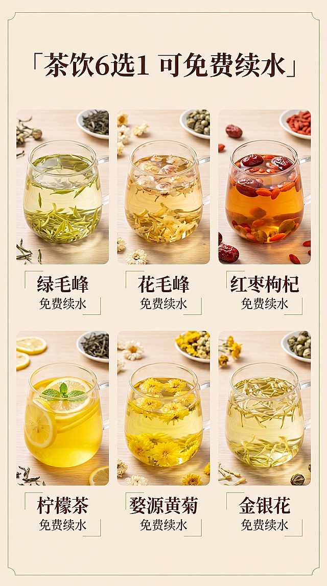 [第3屏] 茶饮6选1 多款茶品风味介绍展示页。[氛围/风格] 清新自然茶文化风，通透明亮，商业美食摄影质感。[元素布局] 画面中整齐排列6杯不同茶饮，分别对应绿毛峰、花毛峰、红枣枸杞、柠檬茶、婺源黄菊、金银花，每杯茶饮旁标注茶品名称，保留图1中黄菊枸杞茶的外观质感作为参考，背景为浅米色台面，点缀少量干花与茶叶装饰。[光影质感] 顶侧柔光均匀打亮每一杯茶饮，茶汤通透有光泽，杯身形成柔和高光，整体干净清爽。[配色色系] 全局底色#FFF8F0；主体配色：不同茶饮的自然茶汤色，绿、黄、红、清透色；辅助色：深棕文字+浅绿装饰线条。[视角构图] 正面平视，6杯茶饮呈2行3列整齐排列，画面均衡饱满，每款茶品清晰展示。[文字版式] 顶部主标题「茶饮6选1 可免费续水」居中；每杯茶饮下方标注对应茶品名称，小字补充「免费续水」标识，文字清晰不遮挡茶品。[比例分辨率] 9:16竖版比例，4K分辨率。[负向提示词] 茶饮变形，颜色错乱，文字重叠，水印，背景杂乱