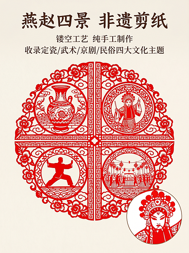 [第4屏] 非遗工艺页-燕赵文化主题剪纸展示，本屏使用【图2】作为商品主体。
[氛围/风格] 非遗传统工艺氛围，红色喜庆，简洁干净，突出镂空剪纸细节。
[元素布局] 整张红色燕赵文化剪纸居中放置，占据画面70%主体，保持原有四分区结构、定瓷花瓶/京剧/武术/节庆图案、卷草花朵边框的设计、红色镂空结构和原图完全一致。背景为米色宣纸纹理，四周留白均匀，右下角放一个1/4大小的局部镂空特写切片，展示剪纸线条精细度。
[光影质感] 正面均匀柔光，镂空留白处光线通透，红色剪纸部分色彩饱和度自然，线条边缘清晰锐利，整体干净平整无褶皱。
[配色色系] 全局底色：#F5F0E6（浅米宣纸）；主体配色：#E53935（正红剪纸）；辅助色：#333333（深棕文字）。
[视角构图] 正面居中平视，主体剪纸占画面大部分，右下角放局部特写，构图主次清晰。
[文字版式] 顶部主标题「燕赵四景 非遗剪纸」，深棕色书法字体；下方副标题：「镂空工艺 纯手工制作」「收录定瓷/武术/京剧/民俗四大文化主题」，分两行排列，文字不遮挡主体剪纸。
[比例分辨率] 3:4竖版比例，4K分辨率，文字清晰，细节锐利。
[负向提示词] 剪纸褶皱，线条变形，图案错乱，颜色偏差，水印，文字遮挡主体