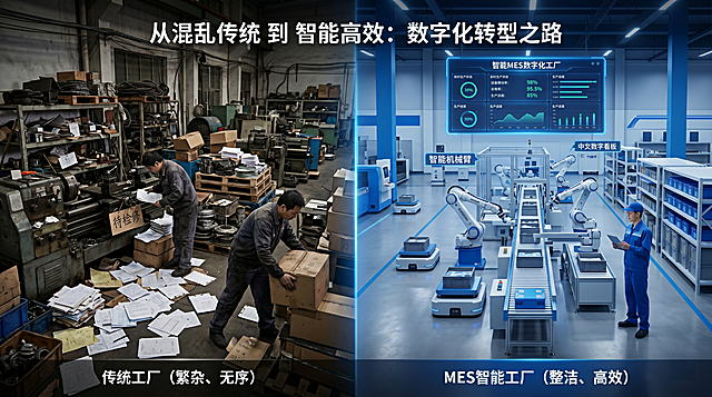 企业宣传对比海报，画面左右分屏构图，左侧是混乱的传统工厂场景，散落大量纸质单据、库存摆放杂乱、设备待检修；右侧是智能MES数字化工厂，悬挂中文数字看板、全自动化生产线、车间整洁高效，左右形成强烈视觉对比，科技蓝主色调，商业宣传风格