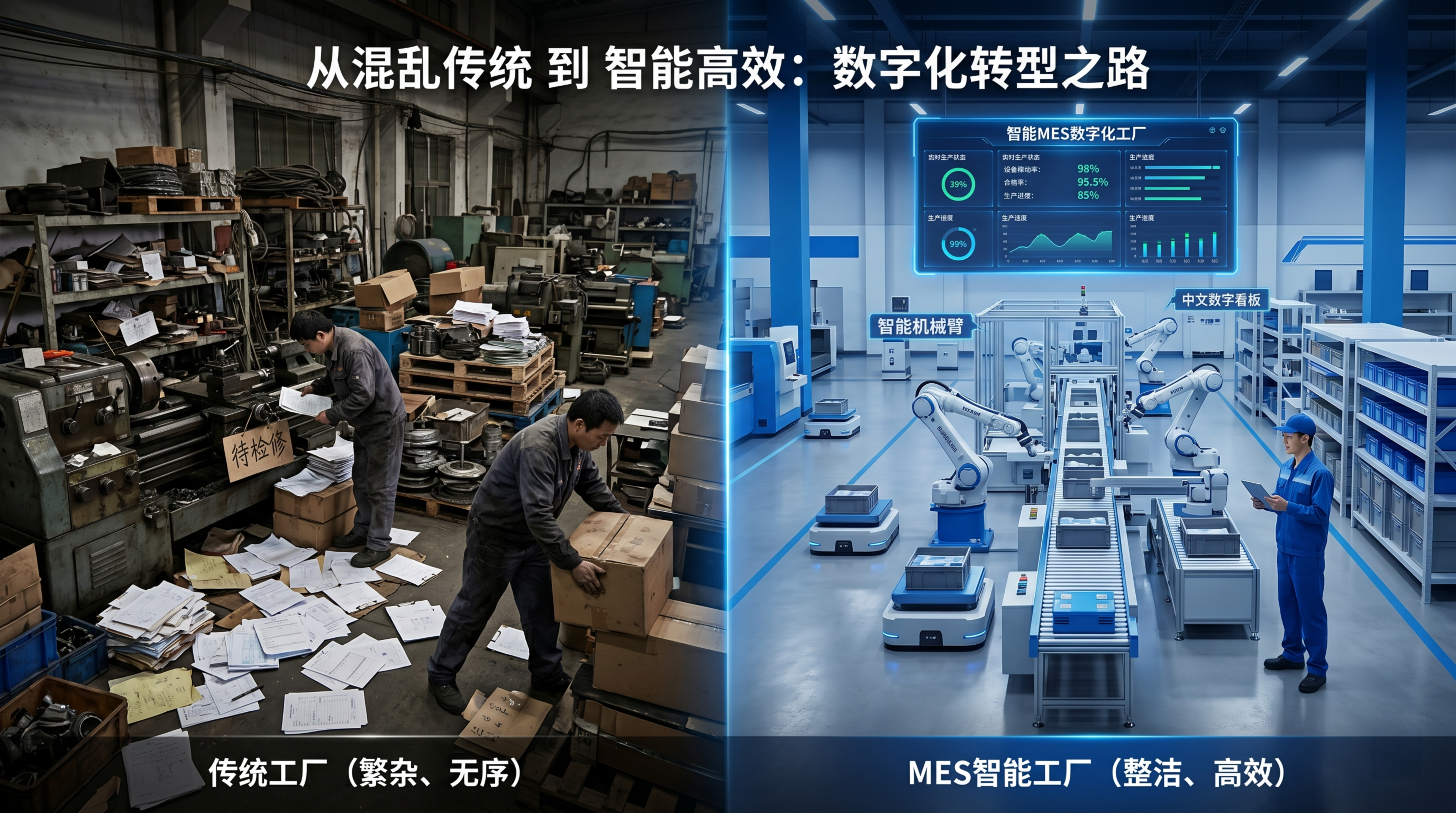 企业宣传对比海报，画面左右分屏构图，左侧是混乱的传统工厂场景，… - 图片创意预览