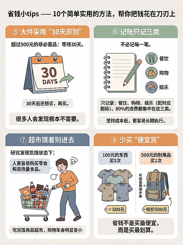 小红书爆款省钱科普信息图设计，3:4竖版海报，高级简约风格，浅米白背景，低饱和配色（蓝灰+暖橙+浅绿），现代扁平插画风，信息分区清晰，视觉层级明确。顶部主标题居中加粗：省钱小tips — 10个简单实用的方法，帮你把钱花在刀刃上。下方采用2×2四宫格模块布局：⑤ 大件采用‘30天原则’——超过500元的非必需品：等待30天。30天后还想买，再买。插画为翻页日历显示‘30 DAYS’，下方文字：很多人会发现根本不需要。⑥ 记账只记三类——不必记每一笔。只记录：餐饮、购物、娱乐（配对应图标）。80%的浪费都集中在这三类。坚持成本低，更容易长期执行。插画为笔记本+铅笔+三类图标。⑦ 超市饿着别进去——研究发现饥饿状态下：人更容易购买零食和高热量食品。插画为购物车装满零食饮料，人物手扶肚子，旁注‘吃完饭再逛超市，购物车会明显变小’。⑧ 少买‘便宜货’——100元的东西买5次 = 500元；500元的耐用品买1次：可能能用很多年。插画为5件T恤 vs 1个背包（标价500元），下方文字：省钱不是买最便宜，而是买最划算。整体要求：中文排版清晰工整、无英文、无水印、无Logo、超高清细节、杂志级信息图质感，与前4项风格完全一致，适合健康/理财类博主发布。