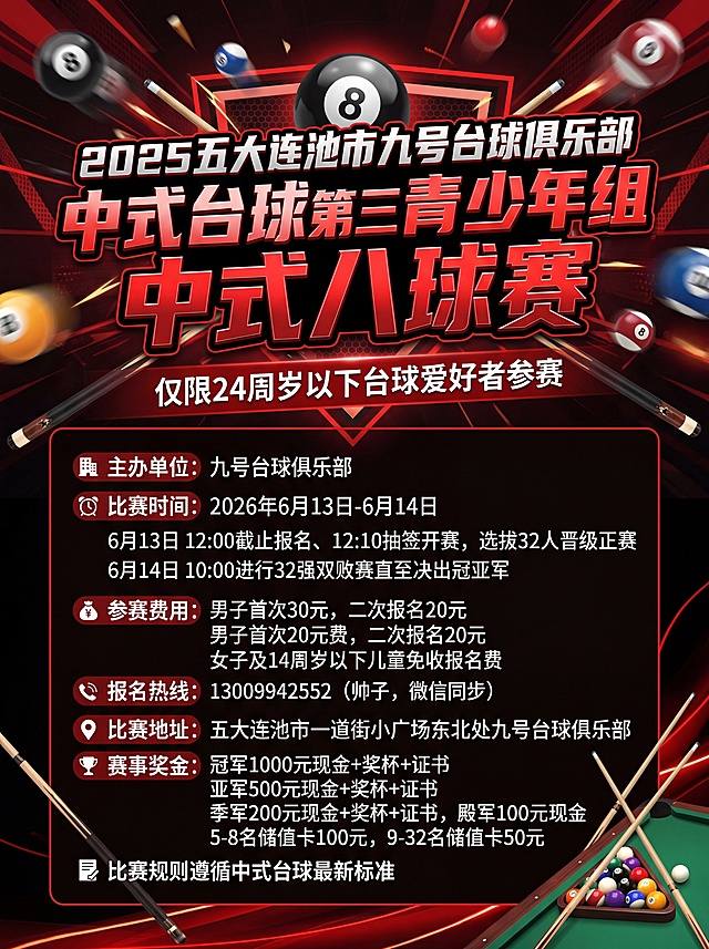 2025五大连池市九号台球俱乐部中式台球第三届青少年组中式八球赛
注：本次比赛只限年龄24周岁以下的台球爱好者参加，24岁以上选手禁止参赛、不符合参赛资格者禁止参加比赛“敬请谅解、免开尊口”
一、主办单位：
九号台球俱乐部
二、比赛时间：
2026年6月13日-6月14日（比赛为二天）
6月13日下午12:00截止报名、12:10准时抽签随后开始比赛取32人晋级正赛（根据当天报名人数来进行预选赛是单败还是双败）
6月14日）下午10:00进行正赛32强双败至冠亚军！（冠亚军只进行一场，且必须进行比赛，否则奖金减半）
三、参赛报名费用：
比赛男子当天首次30元，当天二次报20元，（当天直接二报50元）女子及14周岁以下儿童免收报名费
注：比赛负方结台费、不打折不刷卡
报名热线:
☎帅子/13009942552
微信同步
四、比赛地址：
五大连池市一道街小广场东北处，九号台球俱乐部（武闯牙所胡同内）
六、比赛奖金:
冠军：现金1000元+奖杯+证书
亚军:   现金500元+奖杯+证书
季军：现金200元+奖杯+证书
殿军：现金100元
5-8名：储值卡100元
9-32名:储值卡50元
注：不满32人奖金减半
八、比赛规则：
1、本次比赛为青年赛、不符合参赛资格者禁止参加比赛“敬请谅解、免开尊口”
2、本次比赛规则以中式台球最新规则为准（所有球无需报袋进球有效、不允许故意犯规、轮流冲球、禁止小力冲球、冲球需不能少于四颗球撞库）
3、比赛过程中，如有异议，需在对手再次出杆之前主办方提出，否则不予处理。
4、预选赛所有选手让女子及14周岁以下儿童后一，正赛全部平打。 尺寸要求5:15