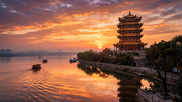 傍晚时分，橘色晚霞漫天，落日余晖温柔地铺洒在黄鹤楼之上，古老的楼阁在暖金色光线中尽显古韵，下方的长江江面泛着粼粼波光，清晰倒映出晚霞与楼阁的轮廓，整体画面呈现唯美古风氛围感，专业风光摄影质感，画面层次丰富，光影柔和细腻