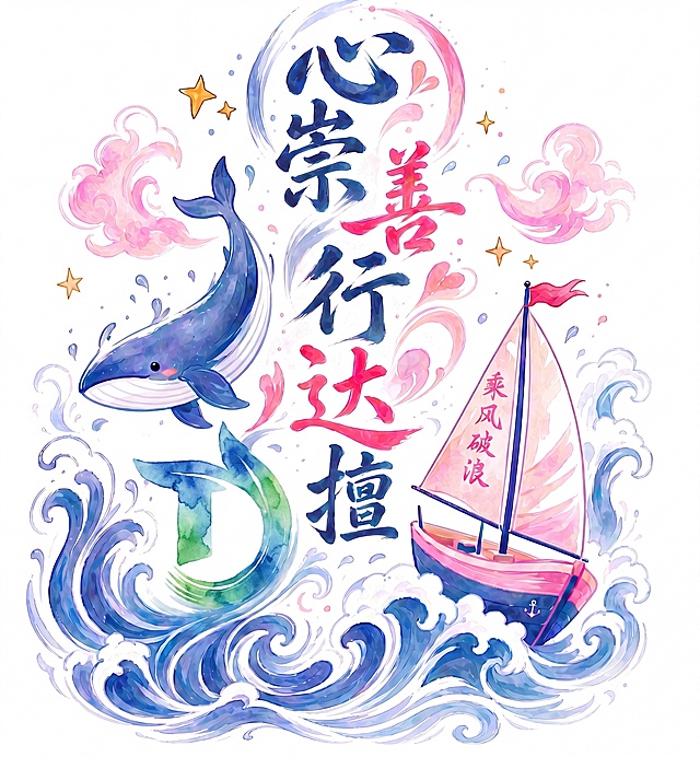 将原图左下角的蓝绿色T形logo改为水彩风格，保持原有形状不变，使其与整体水彩插画风格协调一致。保留鲸鱼、帆船、文字'心崇善行达擅'、'乘风破浪'以及粉色云朵、星星等所有其他元素不变。
