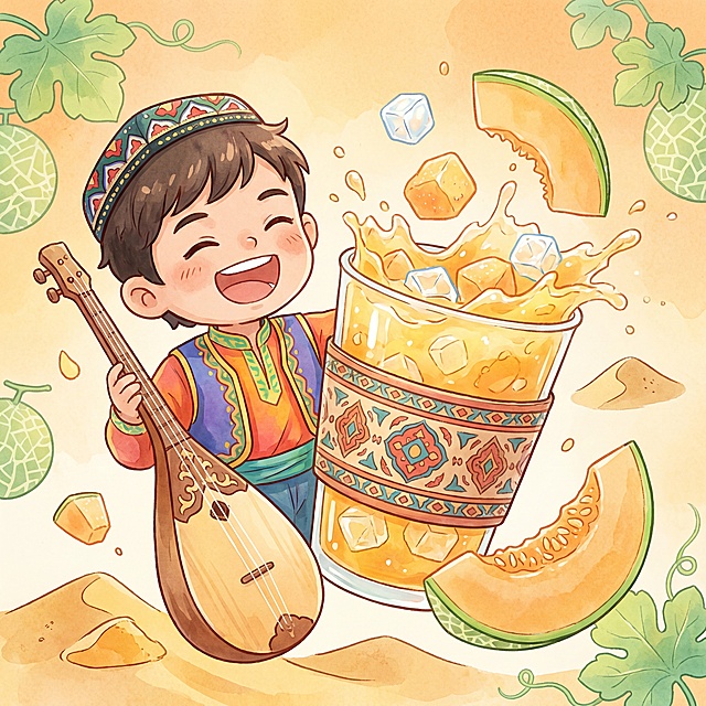 西域果酿语单幅哈密瓜少年独立插画，治愈系水彩漫画风，平涂+轻肌理质感，线条柔和圆润，色彩明亮通透。画面以戴着小花帽的活力新疆少年为主体，身旁摆放着冬不拉乐器，透明玻璃哈密瓜果饮杯呈现果汁飞溅的动态效果，杯中有冰块、橙黄色哈密瓜果肉颗粒，杯套带有新疆特色花纹，周围环绕新鲜哈密瓜切片、沙漠沙丘小元素，背景为暖橙黄渐变底色，点缀浅绿的瓜叶元素，传递吐鲁番阳光瓜果的香甜氛围，整体氛围阳光热烈，4K高清，无多余文字，无变形无水印