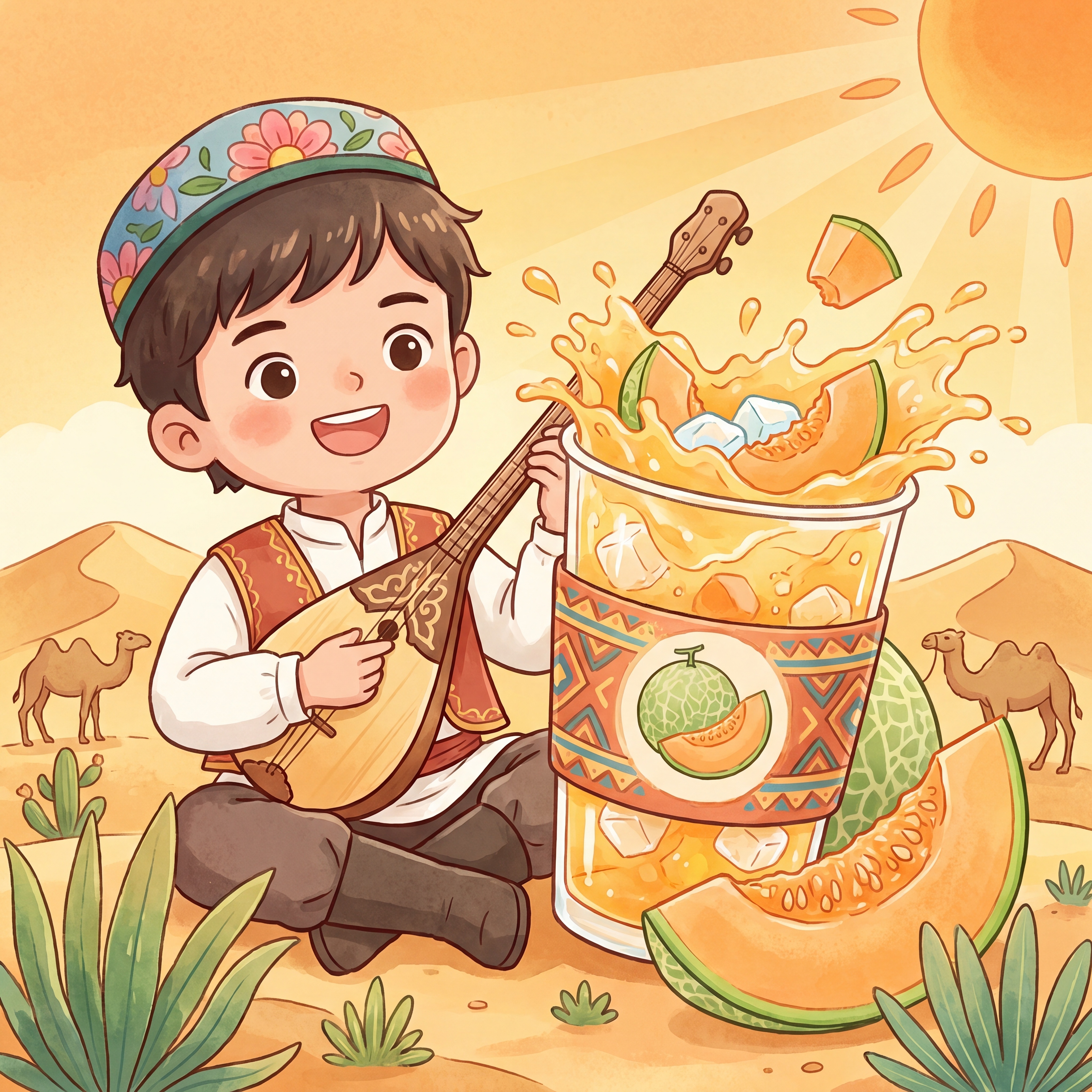 西域果酿语单幅哈密瓜少年独立插画，治愈系水彩漫画风，平涂+轻肌… - 图片创意预览